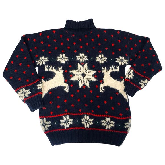 VTG 90s Sweater Women L Navy Red White Wool Blend Snowflake Reindeer Christmas - Picture 1 of 10